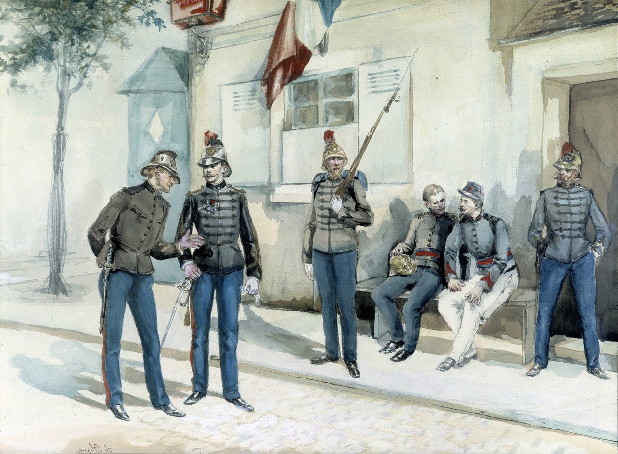 Vigili del fuoco davanti alla loro caserma nel 1870 da Unknown artist