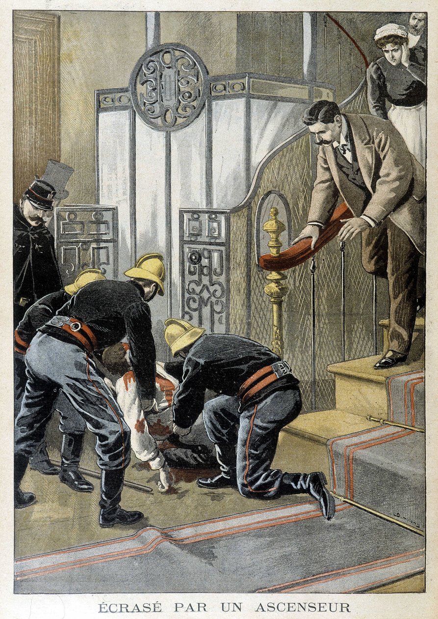 Vigili del fuoco che salvano un uomo schiacciato da un ascensore in un edificio parigino. Illustrazione del "Little Journal" del 1899 da Unknown artist