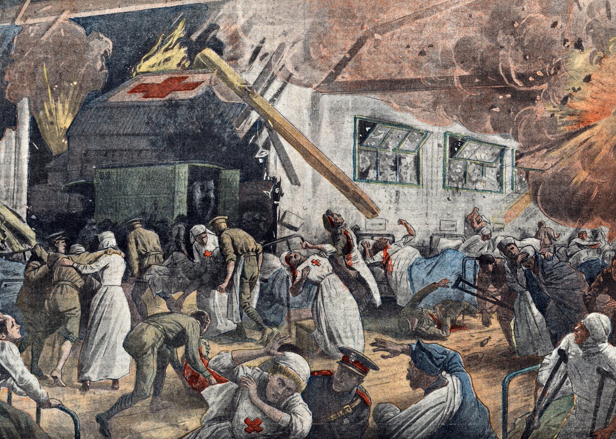Prima guerra mondiale: bombardamento di un ospedale inglese da parte di squadriglie tedesche, giugno 1918 Illustrazione da "Le pelerin" 18/06/1918 Collezione privata da Unknown Artist