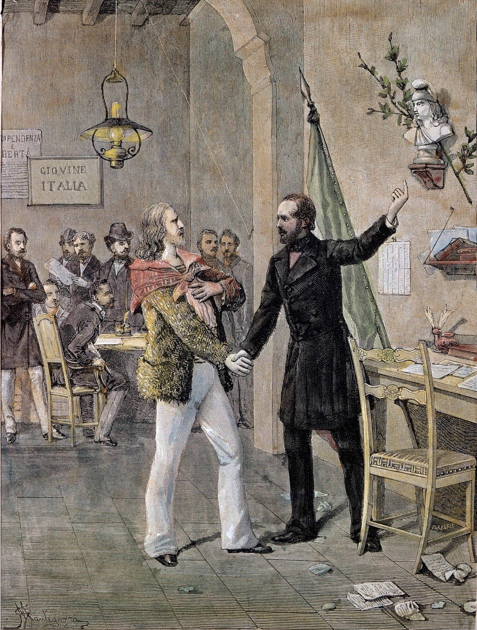 Primo incontro tra Giuseppe Garibaldi e Giuseppe Mazzini a Marsiglia nel 1833 (incisione) da Unknown artist