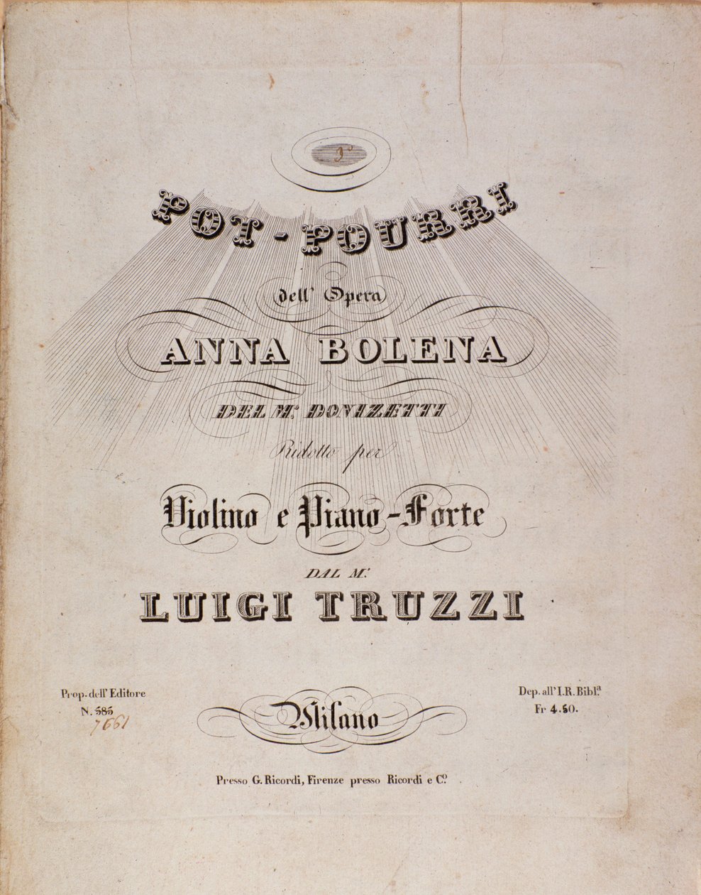 Prima pagina dello spartito di un pot-pourri di Anna Bolena, opera di Gaetano Donizetti da Unknown artist
