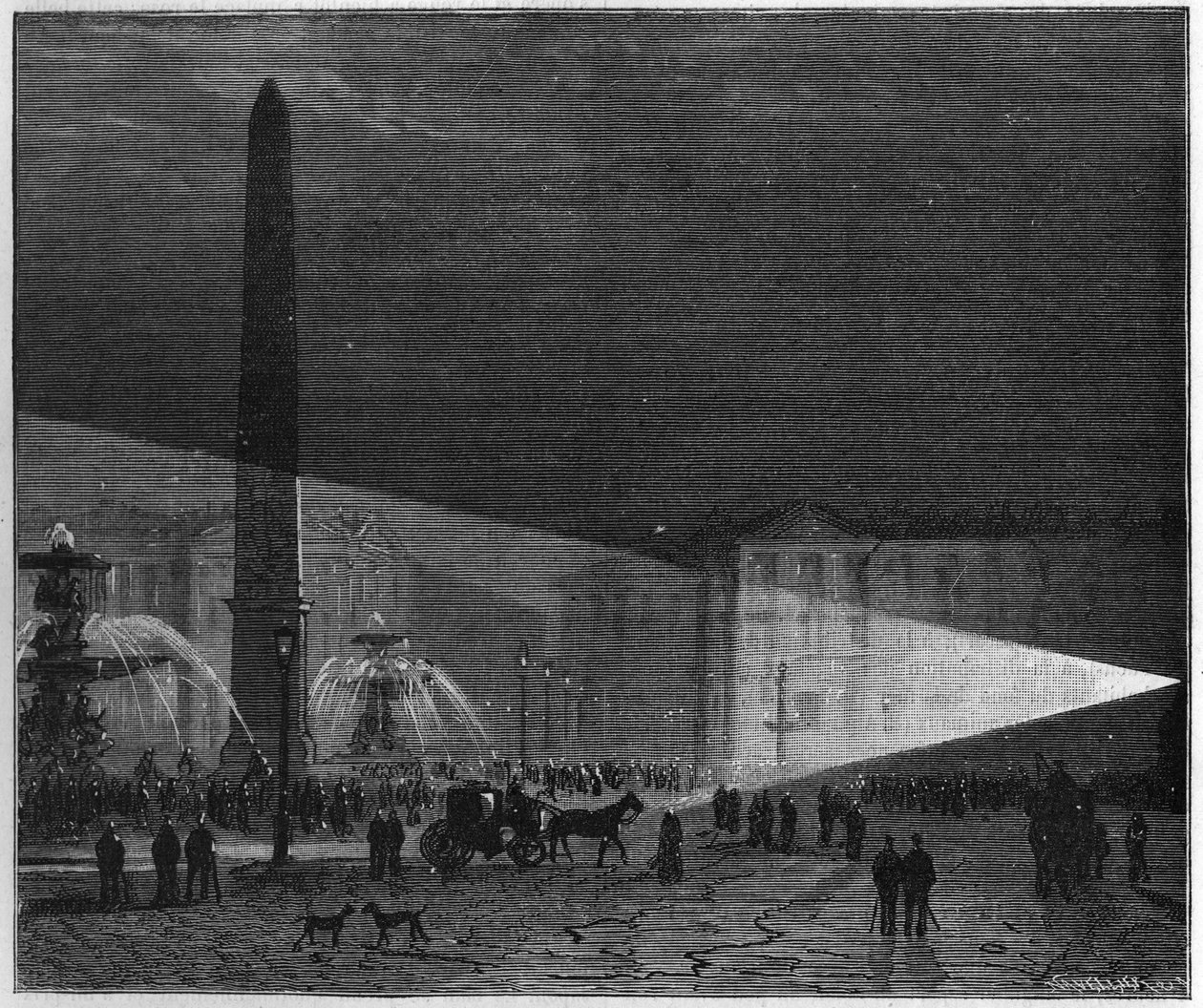 Prima esperienza pubblica di illuminazione elettrica fatta a Parigi in Place de la Concorde da Deleuil e Léon Foucault a dicembre 1844. in "La Nature. Rivista delle scienze e delle loro applicazioni alle arti e all