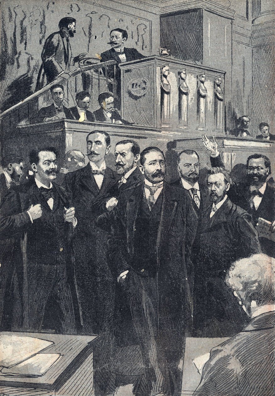 Prima seduta della Camera dei Deputati eletta nel 1898: Paul Deschanel (1855-1922), Presidente della Camera dei Deputati. Paul Adolphe Granier de Cassagnac (1842-1904), Lucien Millevoye (1850-1918), Paul Deroulede (1846-1914), Jacques Piou (1838-1932), Eug da Unknown artist