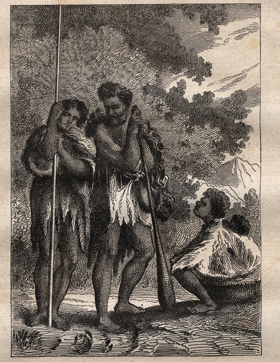Primo viaggio (1768-1771) del capitano James Cook (1728-1779): una famiglia neozelandese - illustrazione tratta da 