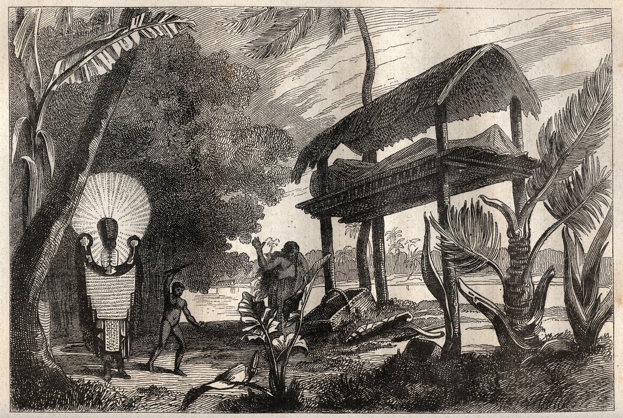 Primo viaggio (1768-1771) del Capitano James Cook (1728-1779): un fia-toka (fia toka), edificio funerario di Tahiti - illustrazione tratta da "I grandi marinai del XVIII secolo" da Unknown artist