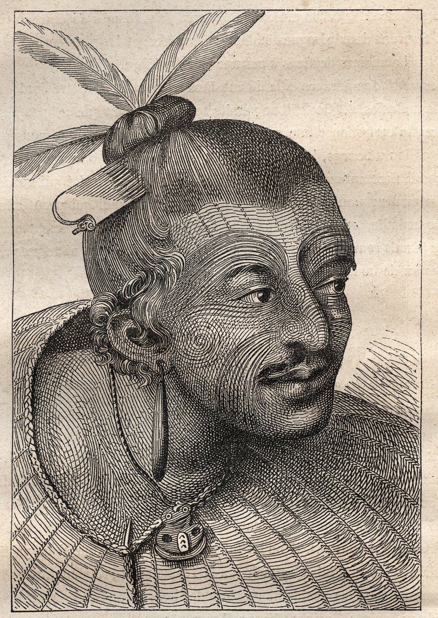 Primo viaggio (1768-1771) del capitano James Cook (1728-1779): testa tatuata di un neozelandese - illustrazione tratta da 