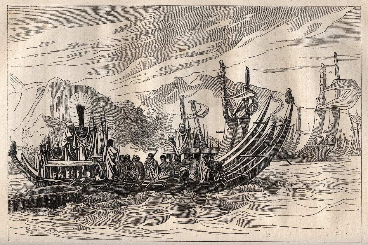 Primo viaggio (1768-1771) del Capitano James Cook (1728-1779): la flotta di Tahiti riunita a Oparee - illustrazione tratta da "I grandi marinai del XVIII secolo" da Unknown artist