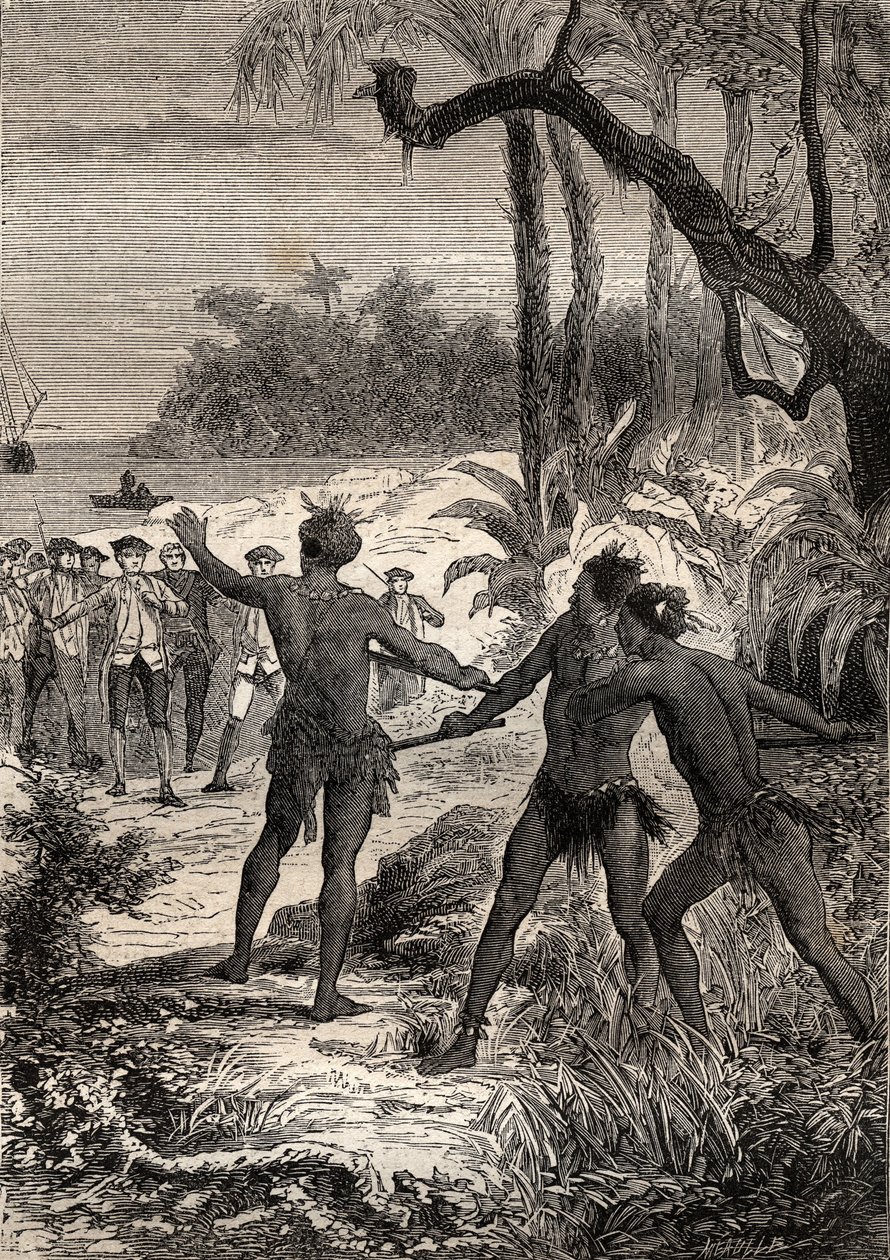 Primo viaggio (1768-1771) del capitano James Cook (1728-1779): mentre Cook e dieci marinai navigano sulla costa meridionale della Nuova Guinea, tre indiani uscirono dal bosco con grandi urla - illustrazione tratta da 