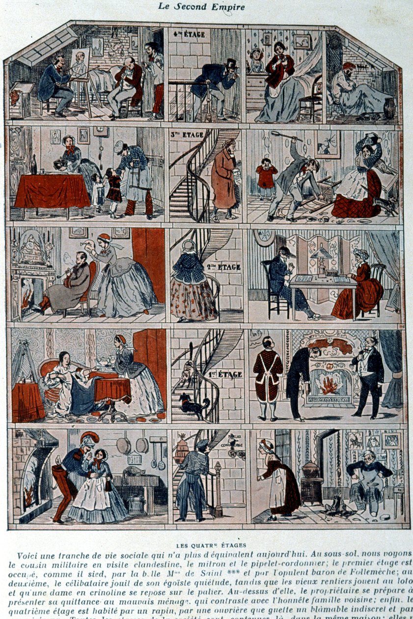 Cinque piani che mostrano le diverse classi sociali sotto il secondo impero. Illustrazione rappresentata come una sezione trasversale di un edificio parigino. da Unknown artist