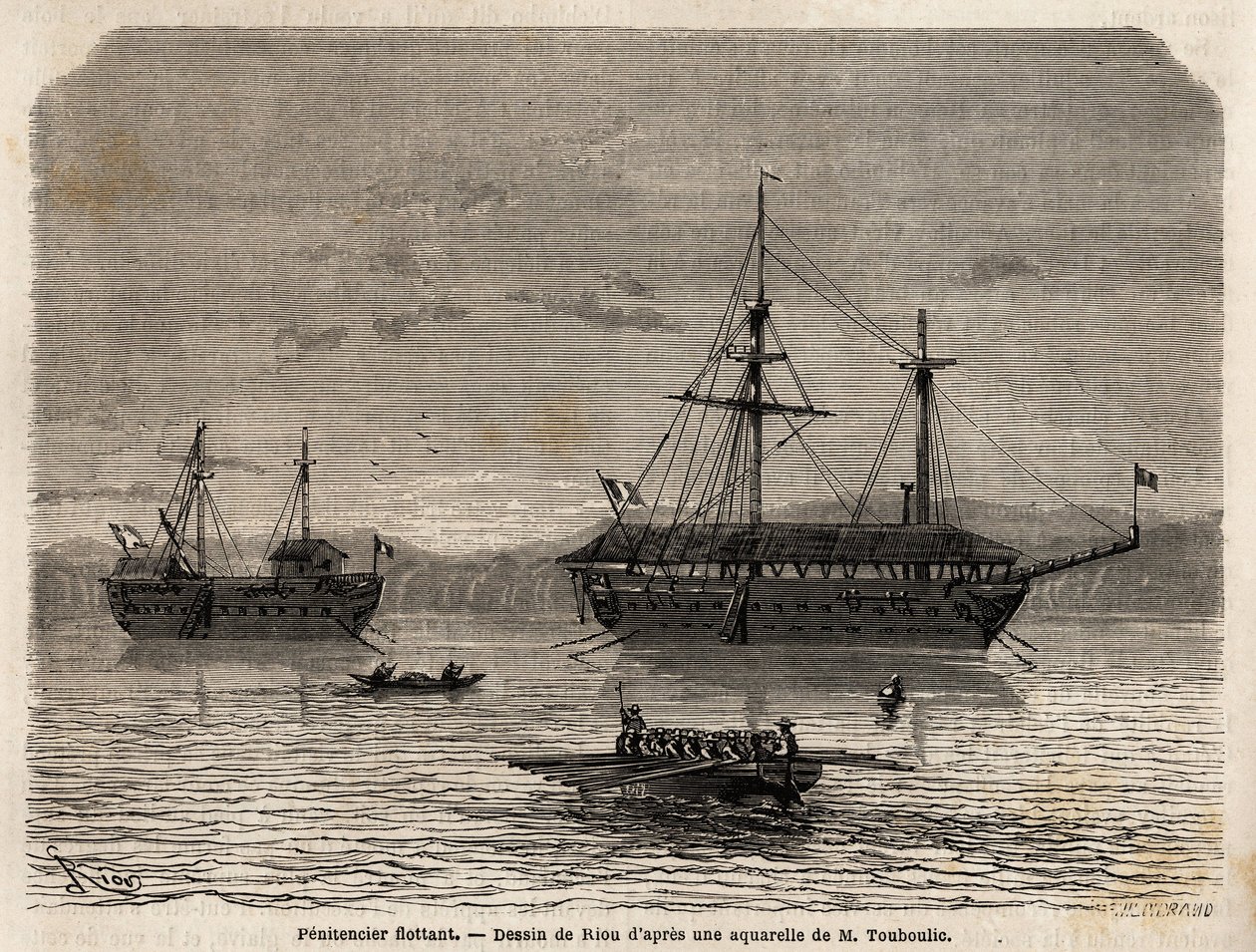 Penitenziari galleggianti della Guyana francese, colonia devoluta alla prigionia di coloro che hanno preso il controllo dei tribunali e degli uomini che dovevano rimanere. Incisione per illustrare il viaggio in Guyana francese nel 1862-1863, di Frederic Bo da Unknown artist