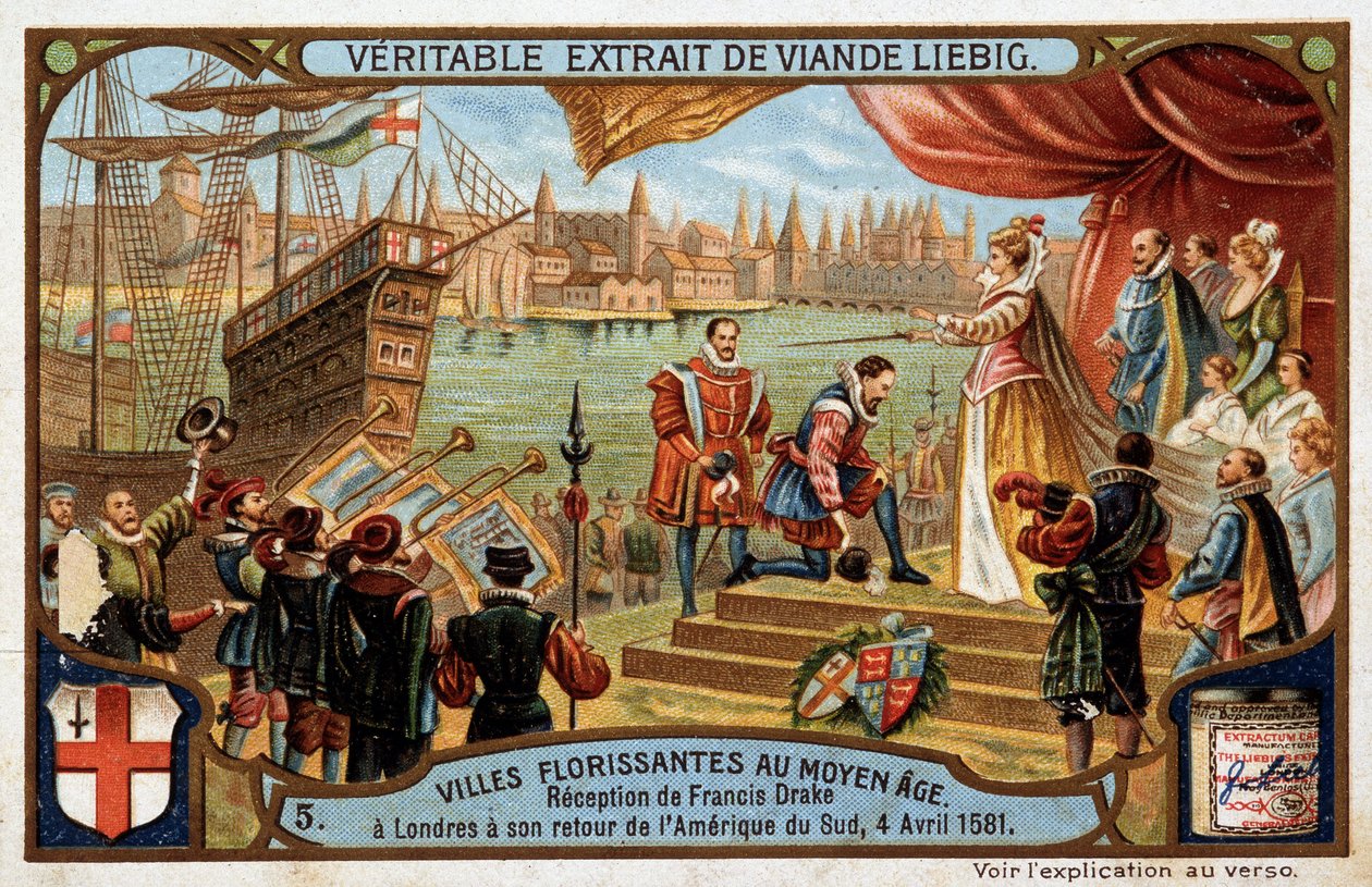 Città fiorenti del Medioevo: accoglienza di Francis Drake (1542-1596) a Londra (Inghilterra), al suo ritorno dal Sud America, 4 aprile da Unknown artist