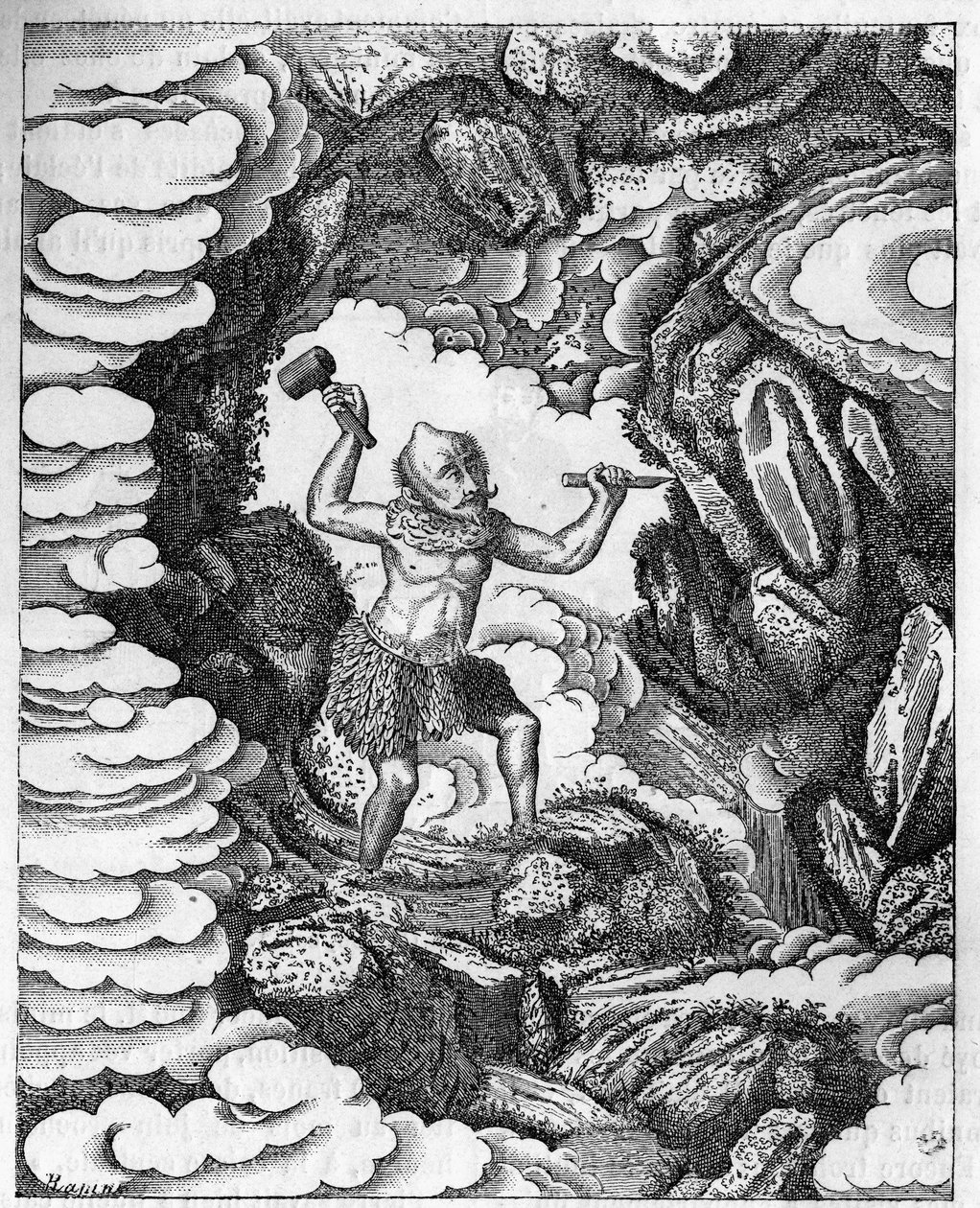 Formazione dei mondi: il dio cinese Pan-Kou-Che scolpisce la corteccia terrestre. Incisione in "Le journal de la jeunesse" da Unknown artist