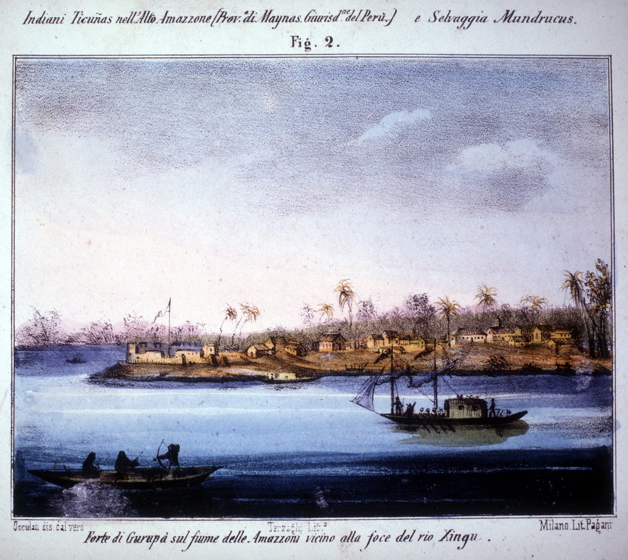 Fortezza di Gurupà sul fiume Amazzoni, vicino alla foce del Rio Xingu in Ecuador. Incisione del 1846 - 1848 da Unknown artist