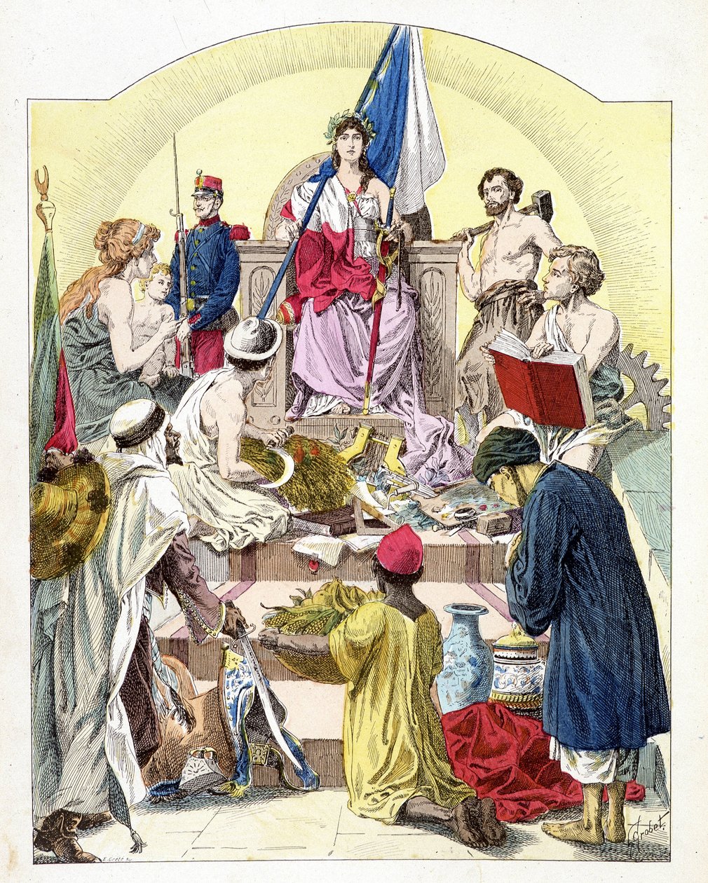 Francia, sotto le sembianze di Marianne, circondata dalle sue colonie personificate - in "Storia di Francia" di E. Grobet, c. 1915 da Unknown artist
