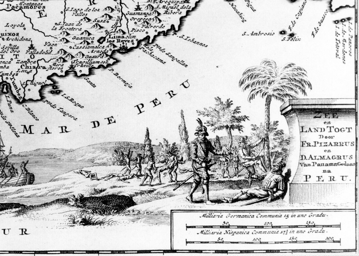 Francisco Pizarro rappresentato su una mappa del Perù. XVII secolo. da Unknown artist