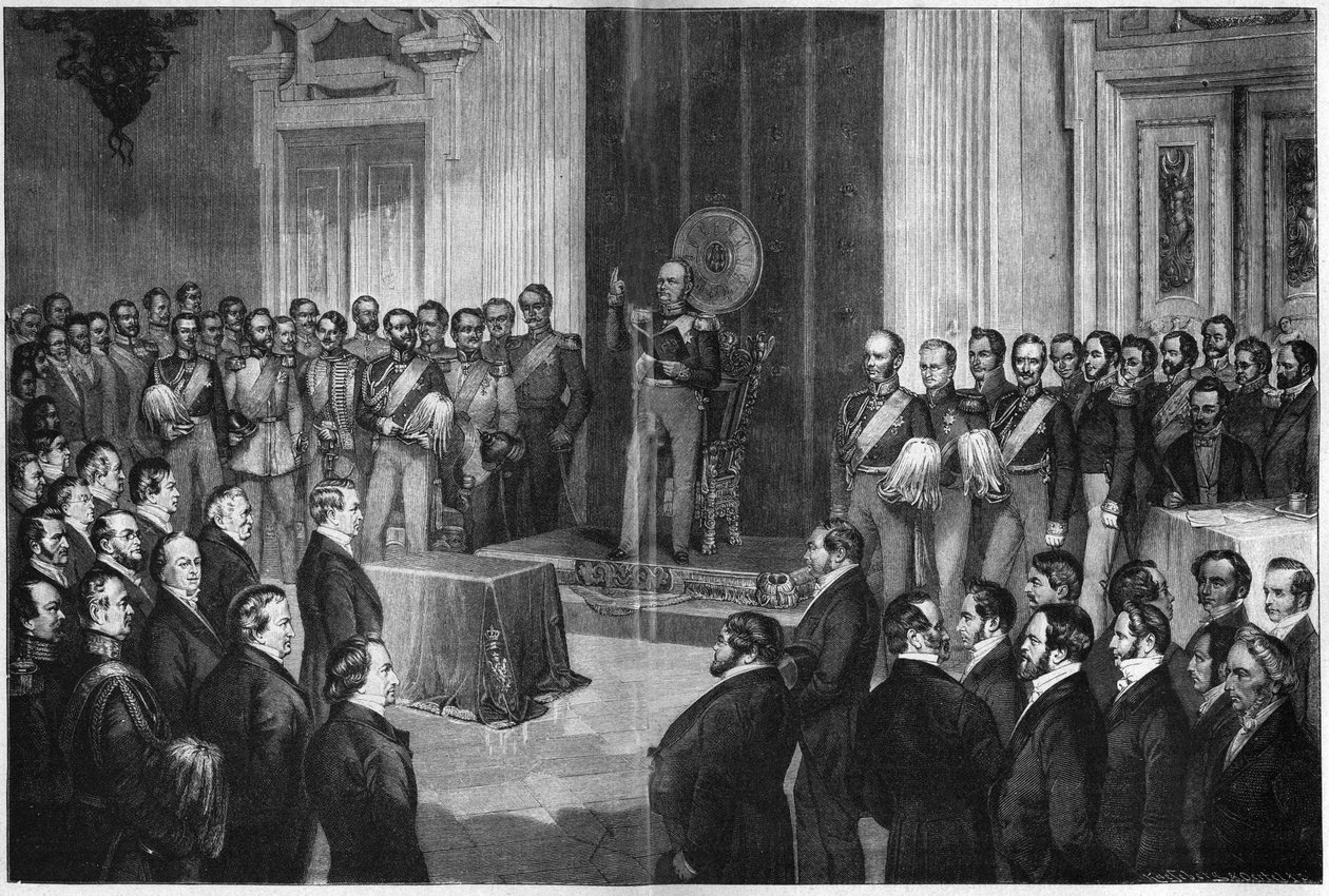 Federico Guglielmo IV (1795-1861), Re di Prussia, giura sulla costituzione, 6 febbraio 1850, incisione su legno di Paul Buerde da Unknown artist