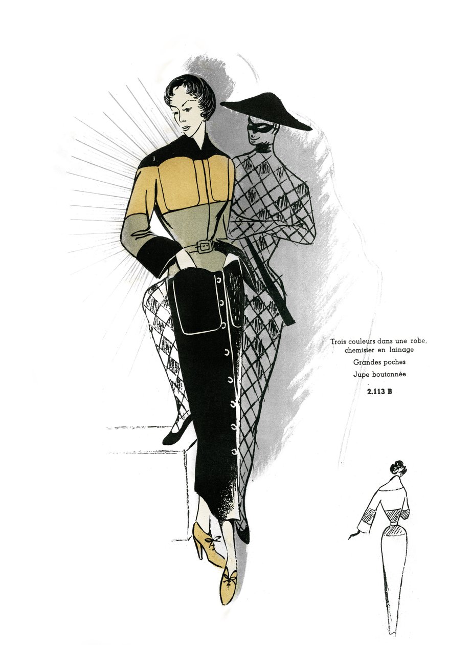 Moda francese, abito in camicia di lana. da Unknown artist