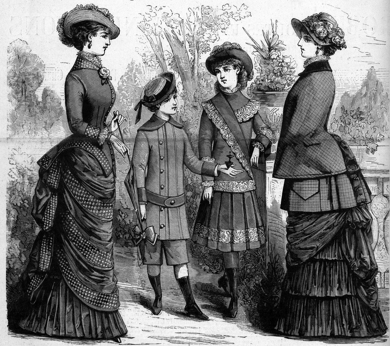 Moda femminile e infantile francese nel XIX secolo. Pubblicità del 1882. Incisione in 
