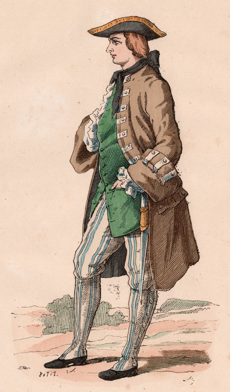 Gentiluomo francese in costume da caccia, con cappotto, gilet e cappello a tricorno con un pugnale al fianco durante il XVIII secolo da Unknown