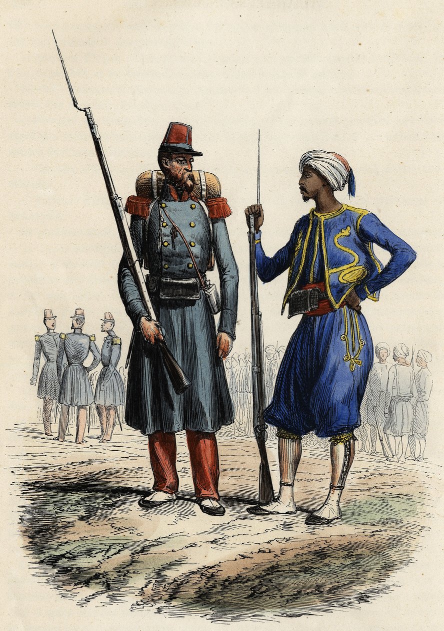 Uniforme militare francese: A sinistra, una legione straniera formata e inviata in Algeria nel 1831. A destra, cavalieri indigeni, addestrati e inviati in Algeria nel 1841. In "L