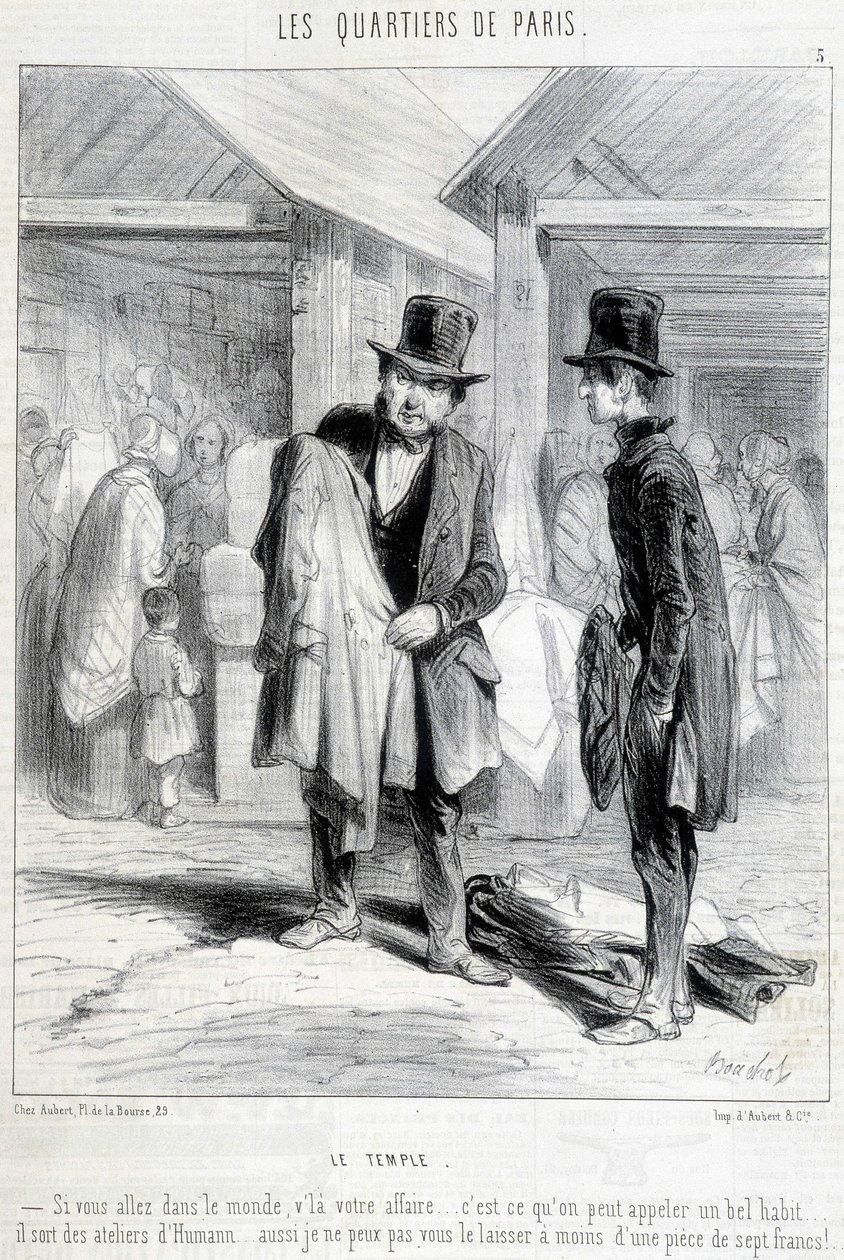 Fripier del quartiere del tempio a Parigi che cerca di vendere vestiti a un uomo. Incisione del XIX secolo. da Unknown artist