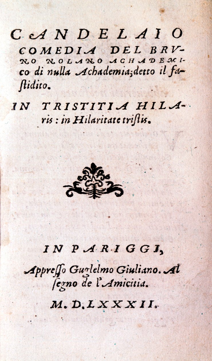 Frontespizio de "Il candelaio" di Giordano Bruno, filosofo e teologo italiano. 1582 da Unknown artist