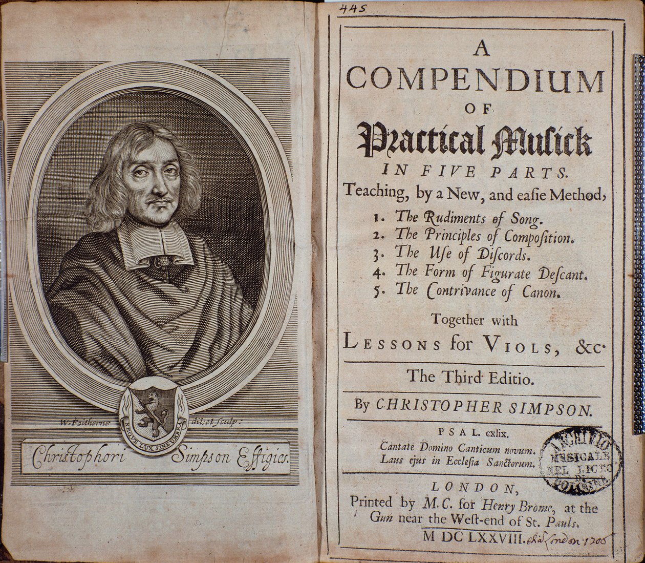 Frontespizio di Compendium of practical music con ritratto di Christopher Simpson da Unknown artist