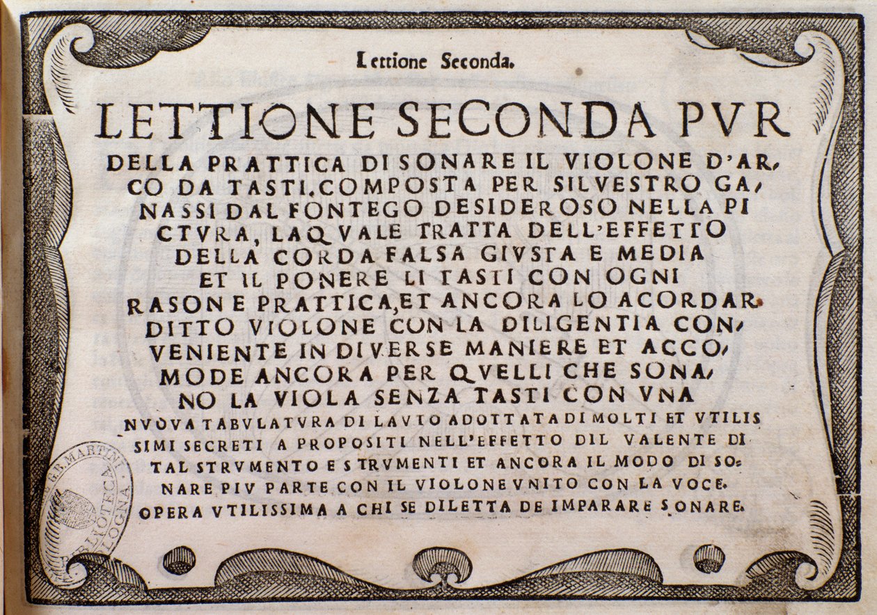Frontespizio di Lettione Seconda di Silvestro Ganassi dal Fontego da Unknown artist