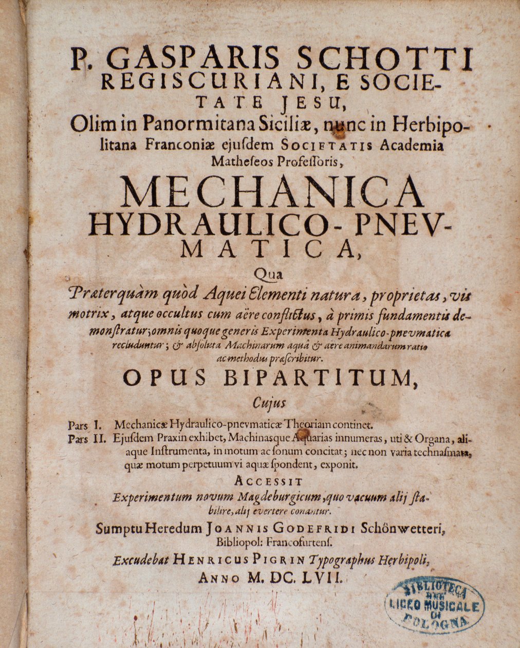 Frontespizio di Mechanica Hydraulico Pneumatica di Gaspar Schott da Unknown artist