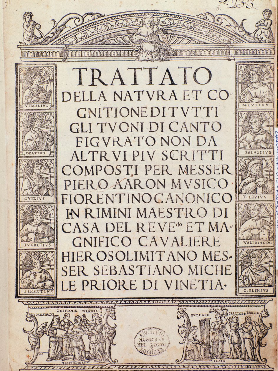 Frontespizio di Trattato della natura e Cognizione di tutti gli duoni di canto figurato di Pietro Aron da Unknown artist