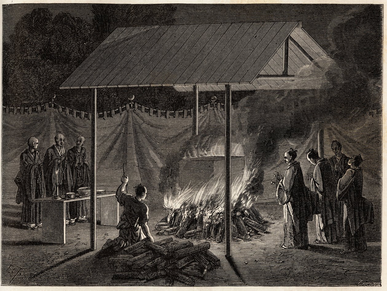 Cerimonie funebri: incinerazione rituale. Incisione per illustrare il viaggio in Giappone nel 1863-1864, di Aime Humbert, ministro della Confederazione Svizzera, in 