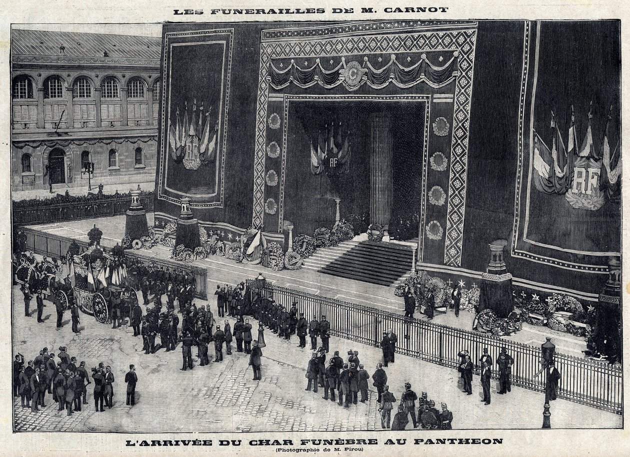 Funerale di Sadi Carnot (1837-1894), ex presidente francese, al Pantheon di Parigi. Arrivo del carro funebre. Incisione in 