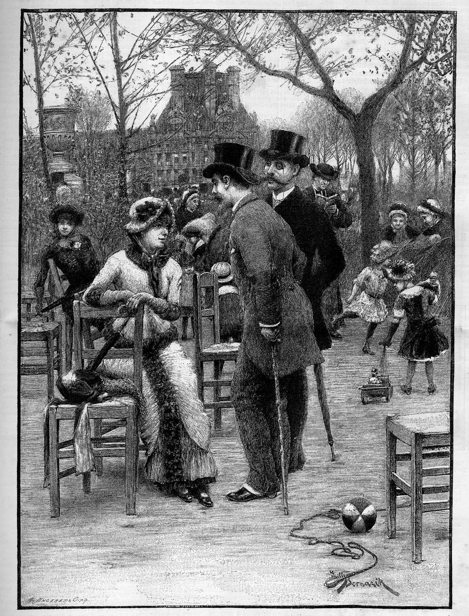 Conversazione galante tra due uomini e una giovane donna, tutti molto eleganti, al Giardino delle Tuileries a Parigi durante l