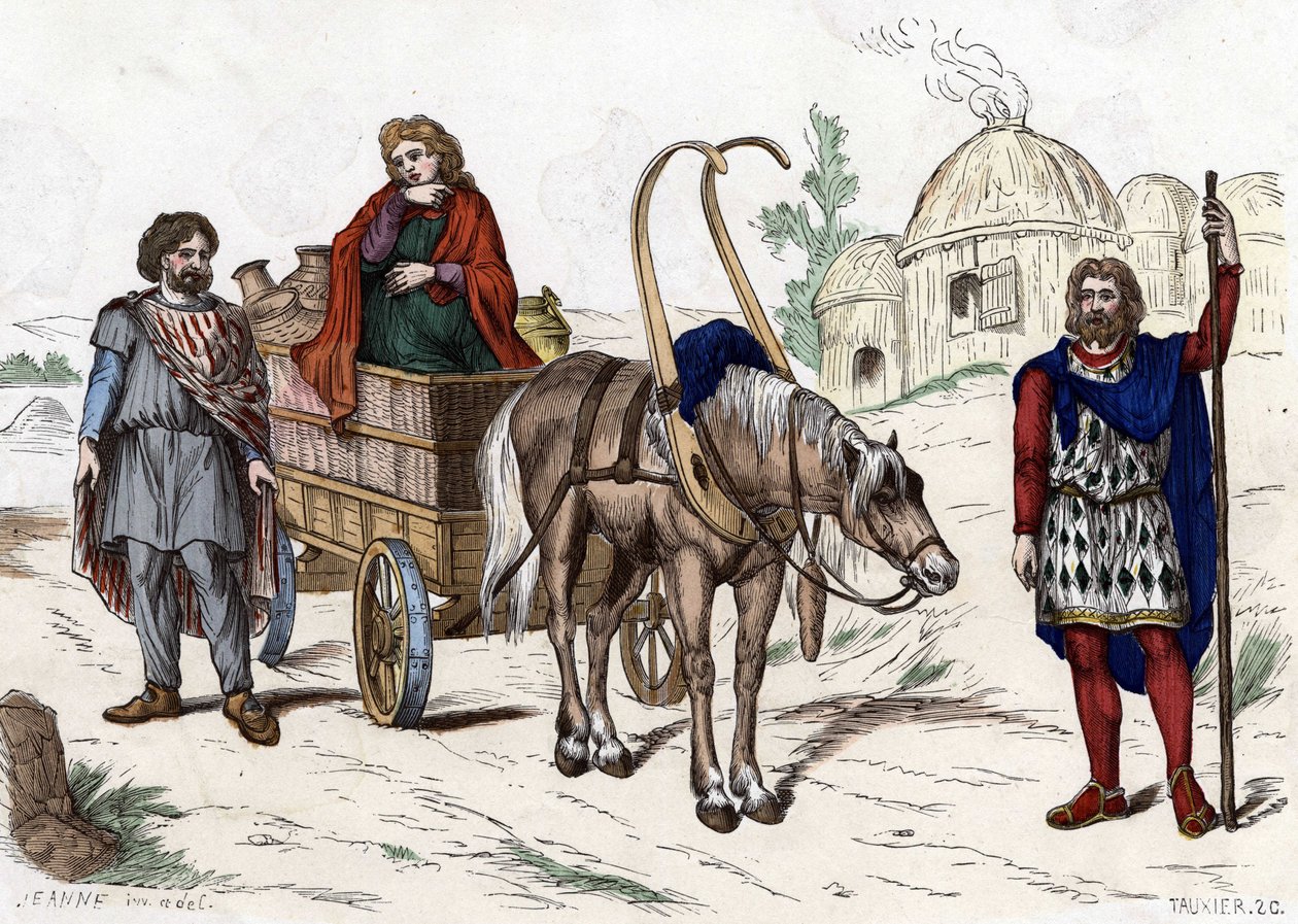 Abitazione gallica, donna, contadino, carro, ricco agricoltore, bardatura. Da 