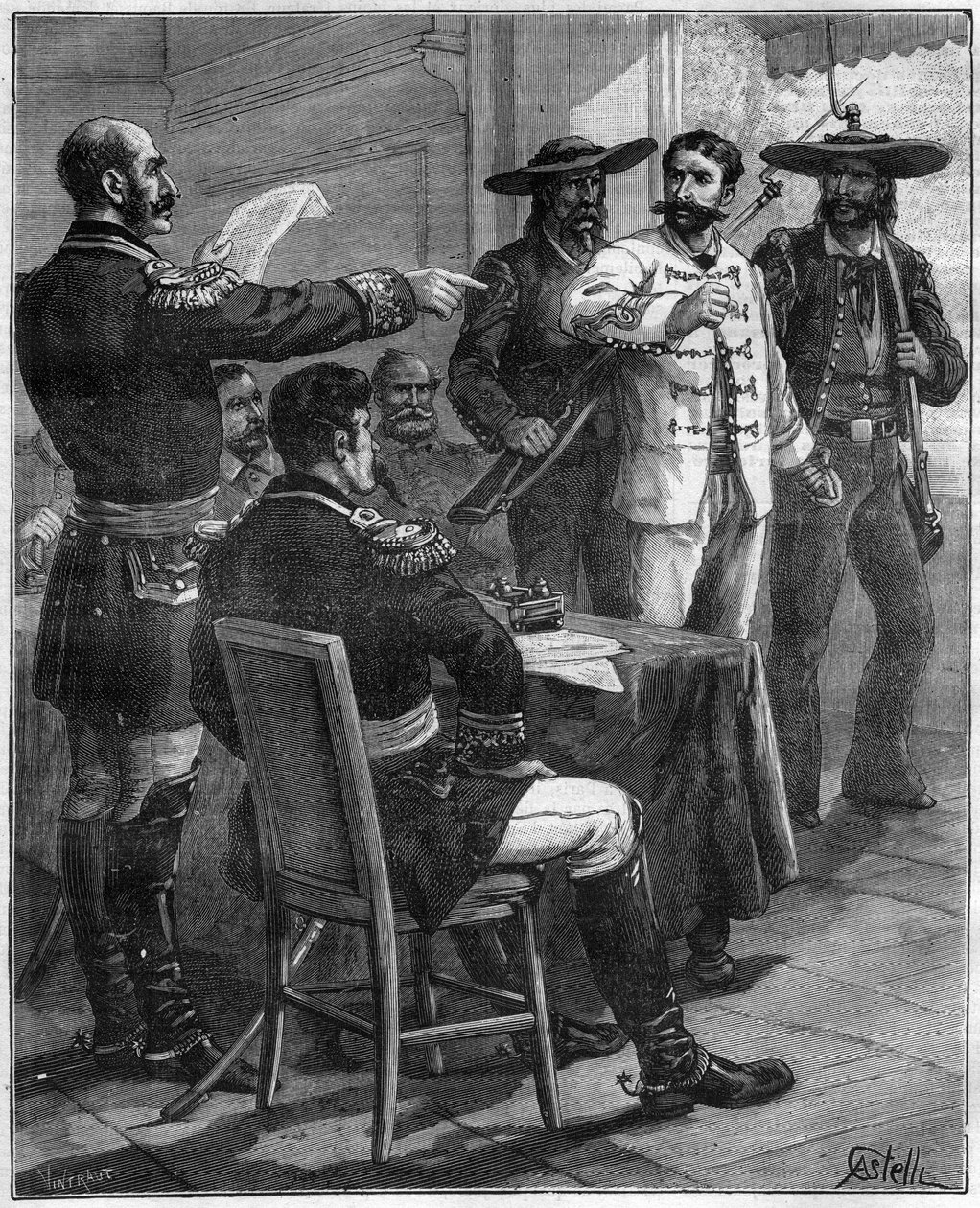Gaston de Raousset-Boulbon (Raousset Boulbon) (Gaston Raoulx Boulbon) 1817-1854 tradotto davanti a un consiglio di guerra, nel 1854 in Messico - incisione del 1888 da Unknown artist
