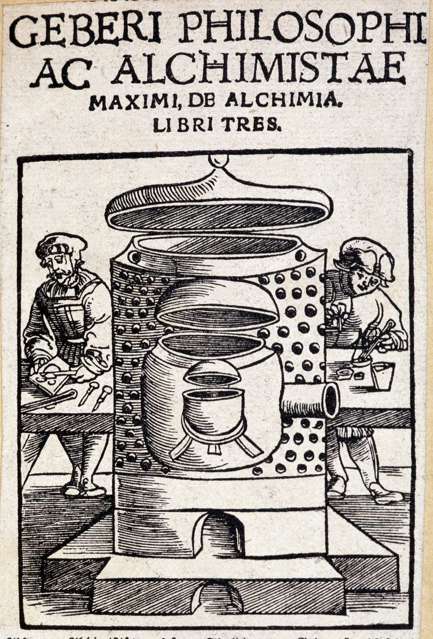Pagina del titolo di Geberi philosophi ac alchimistae di un trattato di alchimia. Geber (ca. 721-ca. 815), alchimista arabo da Unknown artist
