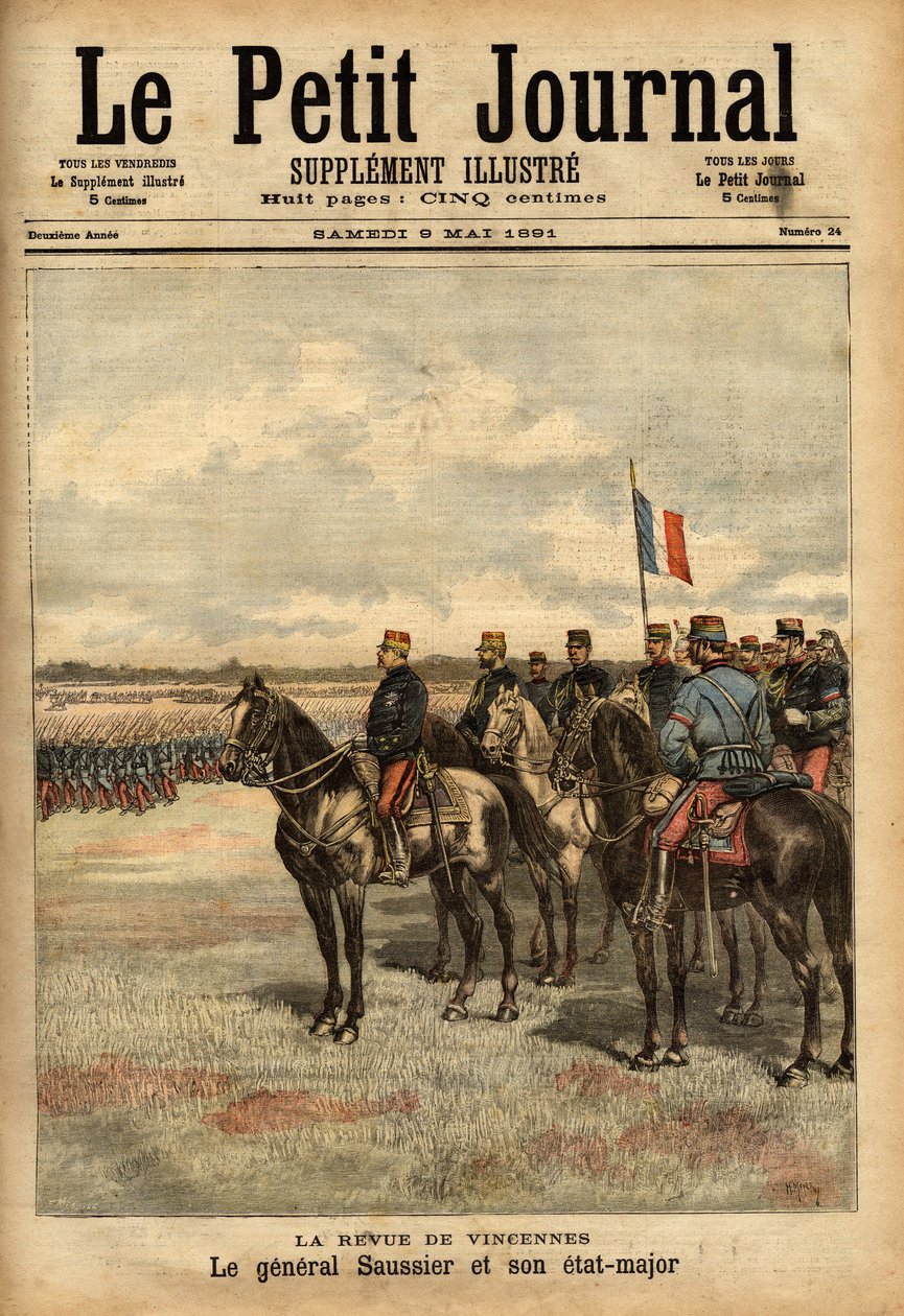 Generale Felix Gustave (Felix-Gustave) Saussier (1828-1905) e il suo staff che rivedono le truppe a Vincennes. Incisione in "Le petit journal illustrato" 09/05/1891. Collezione Selva da Unknown artist
