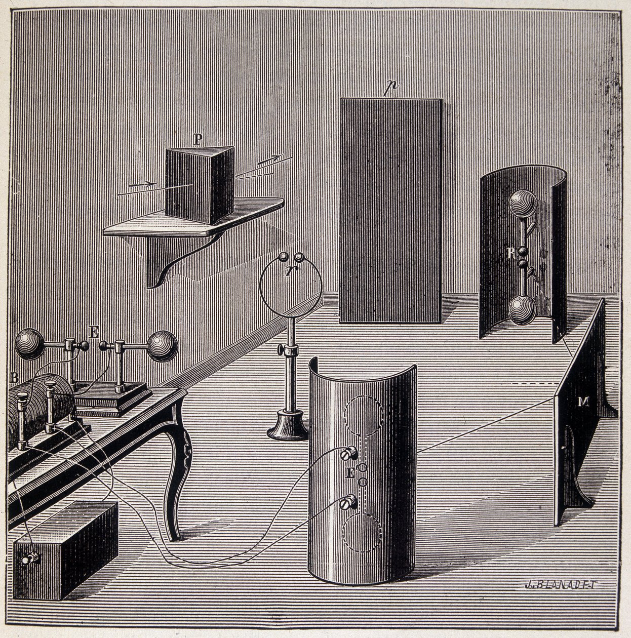 Schema generale degli esperimenti di Heinrich Hertz (1857-1894) sulle onde elettriche - in "Fisica popolare" di Emile Desbeaux, Flammarion da Unknown artist