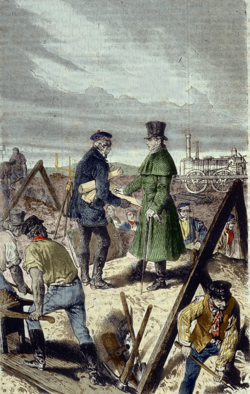 Georges Stephenson (1781-1848), ingegnere inglese, costruttore della strada Liverpool-Manchester con la sua prima locomotiva da Unknown artist