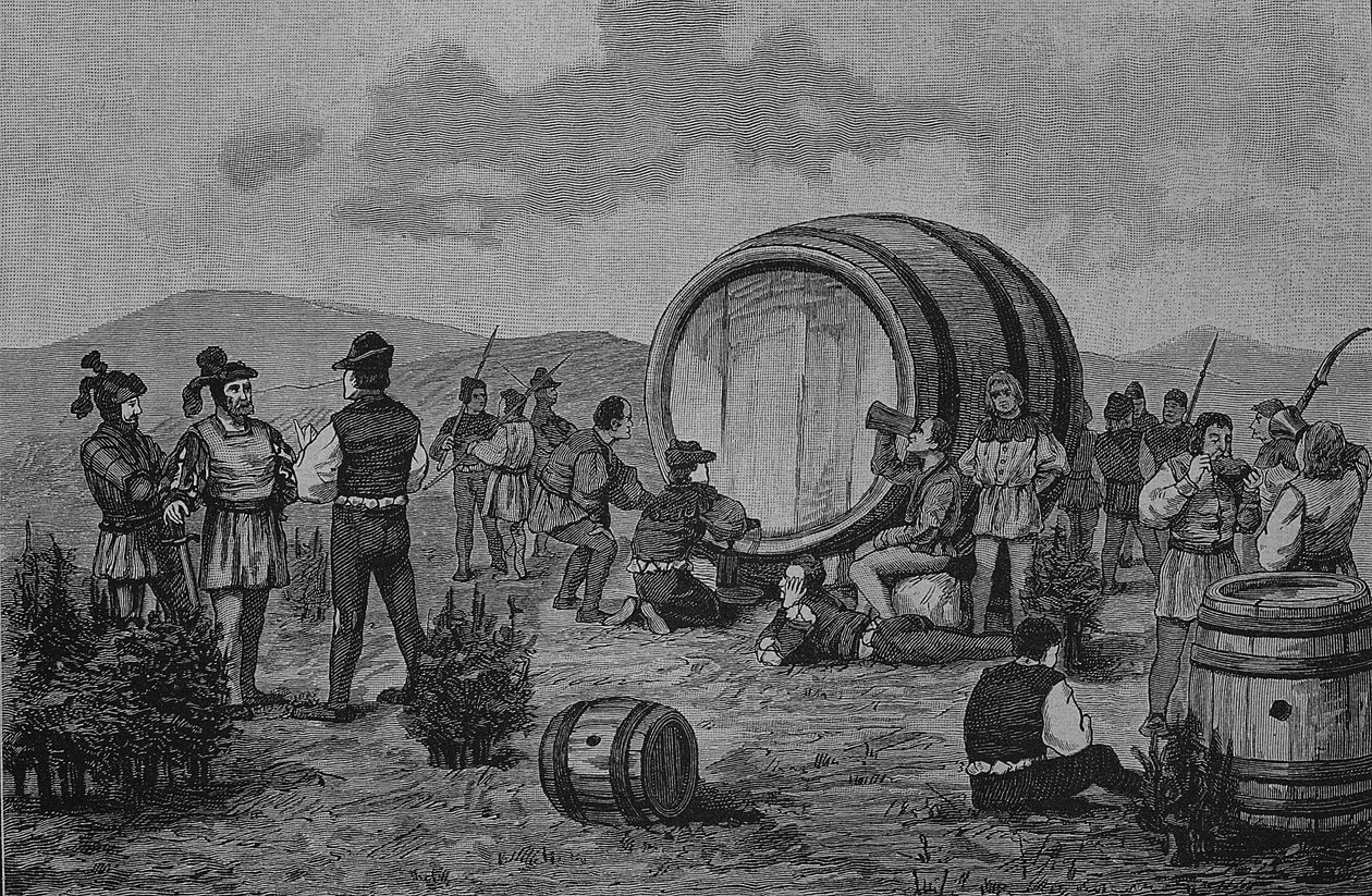 Guerra dei contadini tedeschi (1524-1526): Campo dei contadini sui ginepri con una grande botte di vino da Unknown artist