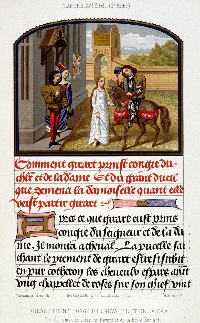 Girart si congeda dal cavaliere e dalla dama - facsimile di illuminazione del XV secolo da Unknown artist