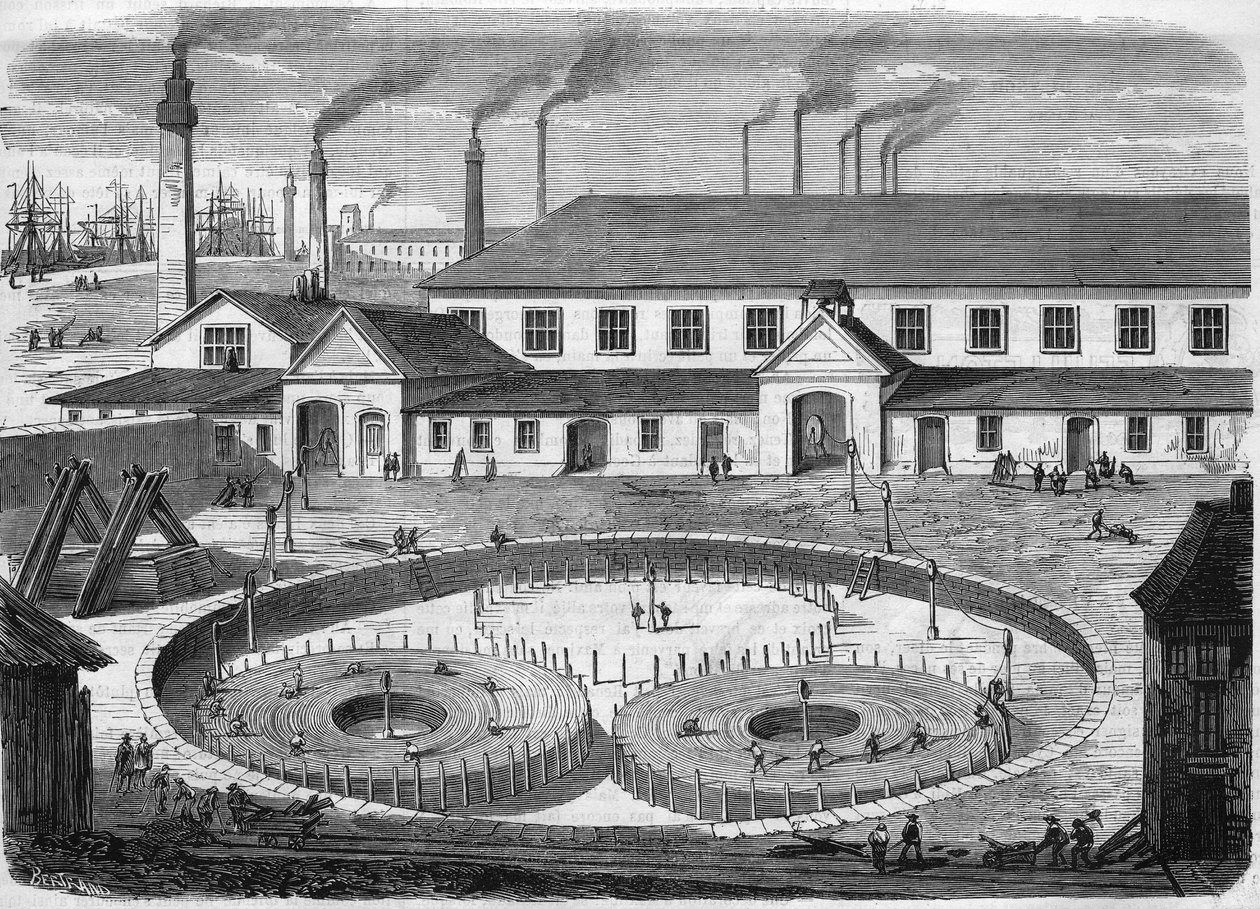 Fabbrica di cavi elettrici Glass Eiliot a Greenwich. Avvolgimento del cavo nelle vasche prima del trasporto sulla nave "Leviathan". Incisione del 1865 da Unknown artist