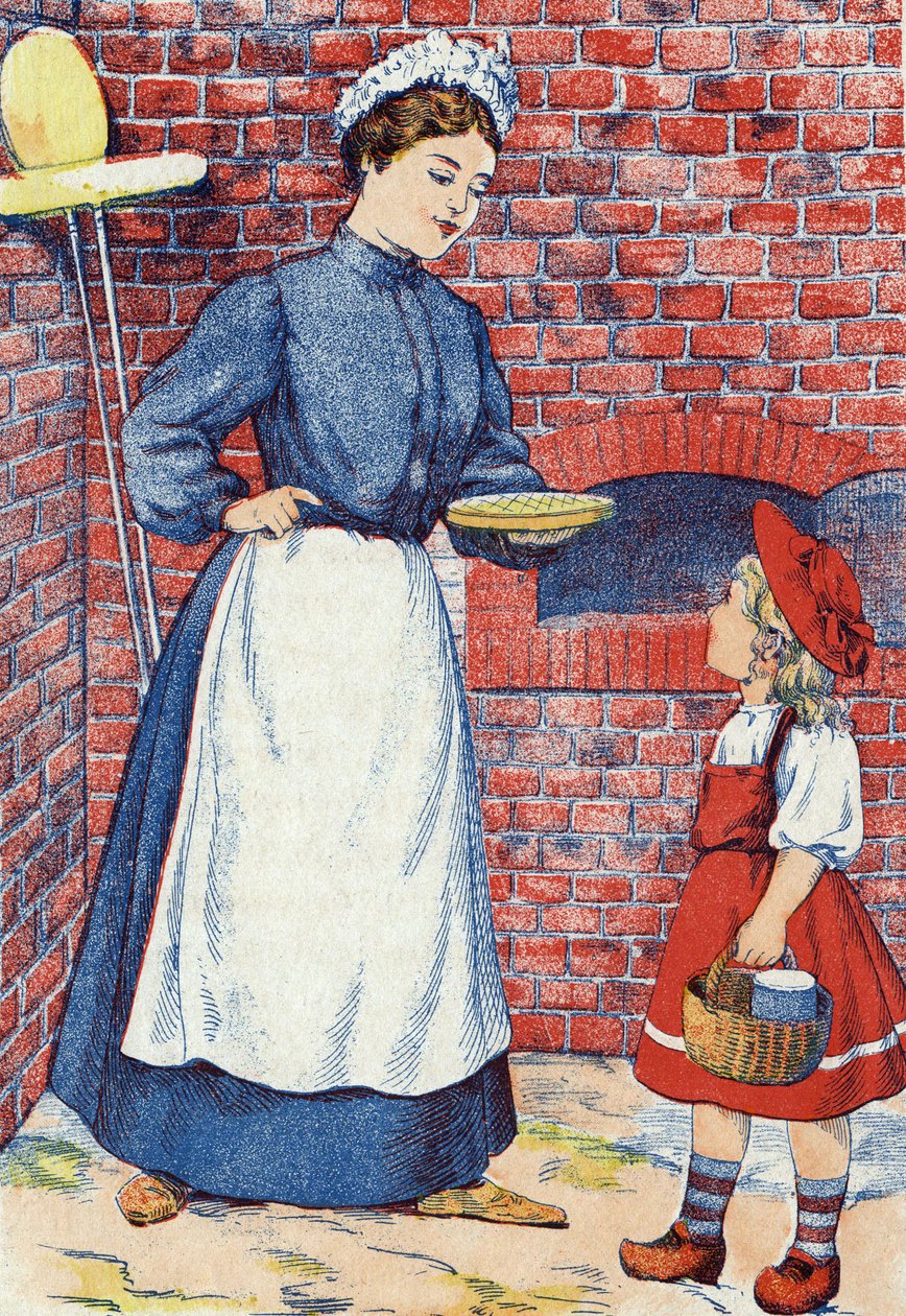 Vai a portare quella torta e quel vaso di burro a tua nonna. Illustrazione anonima per "Cappuccetto Rosso", racconto di Charles Perrault (1628-1703), scrittore francese. Immagini Marcel Vagne, Jarville Nancy, senza data (fine XIX secolo) da Unknown artist
