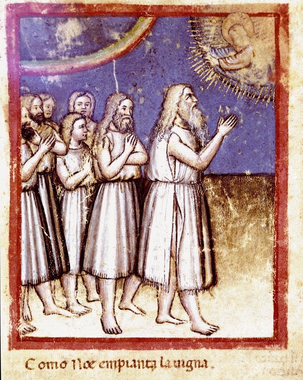 Dio benedice Noè e la sua famiglia sopravvissuti al Diluvio (Miniatura dal codice 212 o Bibbia di Padova) da Unknown artist