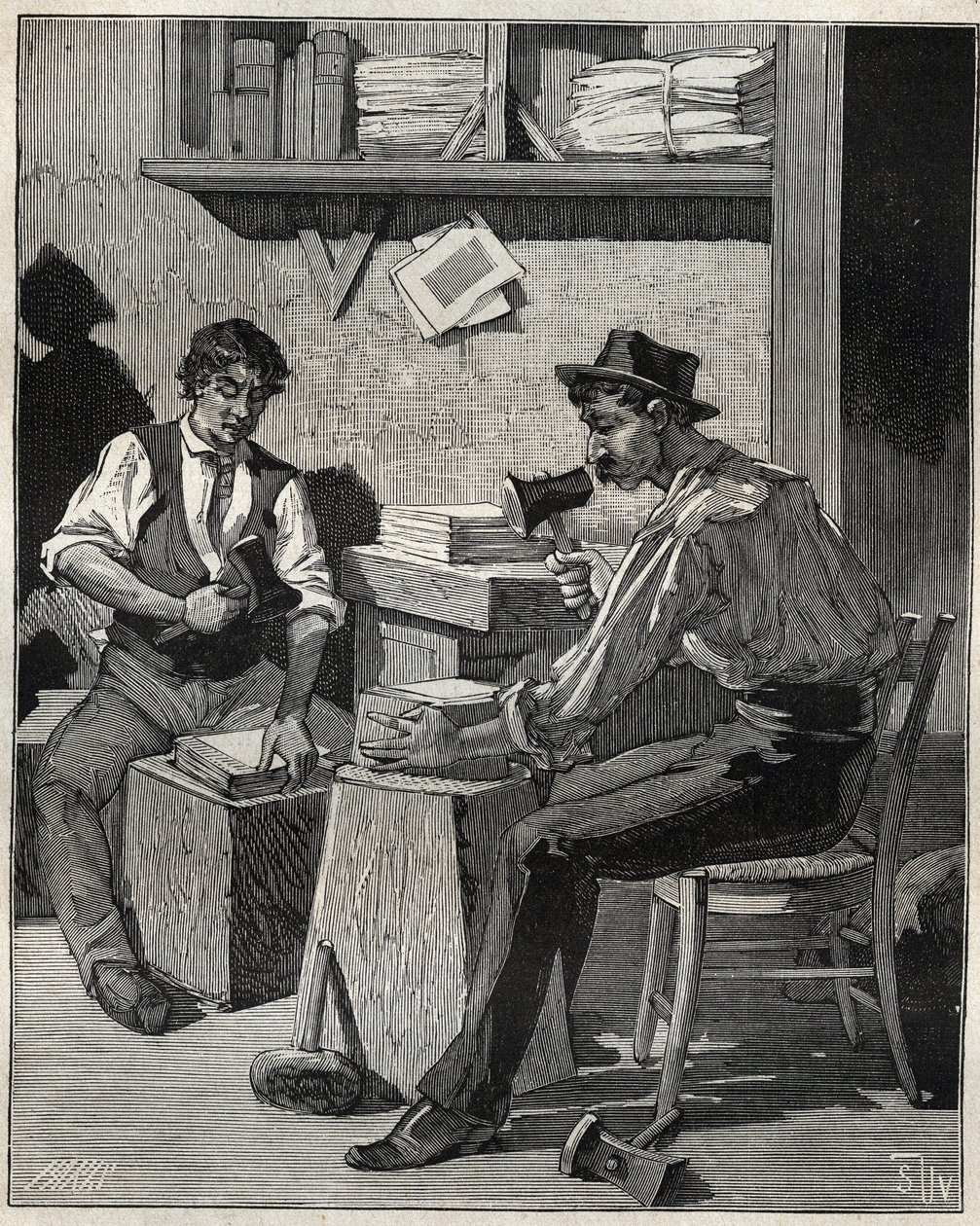 Battiloro. Incisione del 1885 in "Les arts et metiers illustres" di Adolphe Bitard da Unknown artist