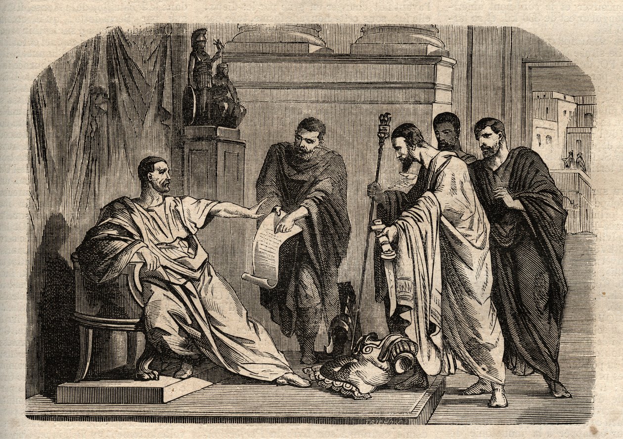 Gordiano I (158-238) rifiuta la dignità imperiale - Gordiano I (Marcus Antonius Gordianus Sempronianus Romanus Africanus) rifiuta la dignità imperiale - incisione in "Dictionnaire populaire illustré" - 1864 - di Joseph Decembre e Edmond Allonier da Unknown artist