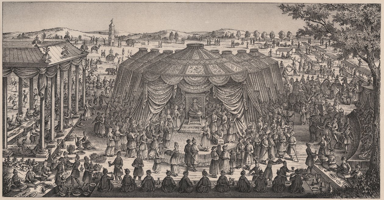Grande banchetto dato da Tamerlano (1336-1405) (o Timur Lang, "Timur lo zoppo") nella pianura di Khani Gheul per celebrare il matrimonio dei suoi nipoti - Incisione del XIX secolo da Unknown artist