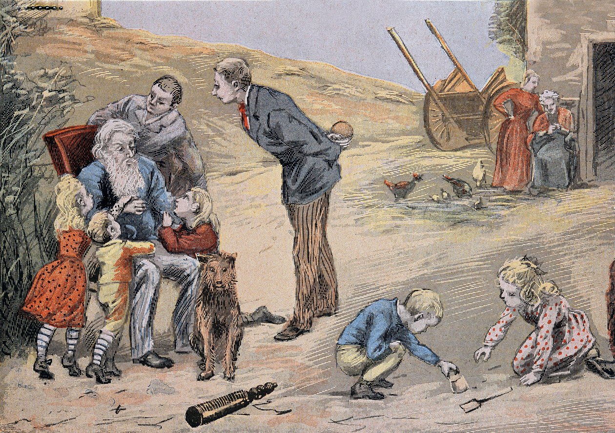 Nonno che spiega il catechismo ai bambini. In "Grande album a colori per la spiegazione del catechismo" di Abbé Maucherde da Unknown artist