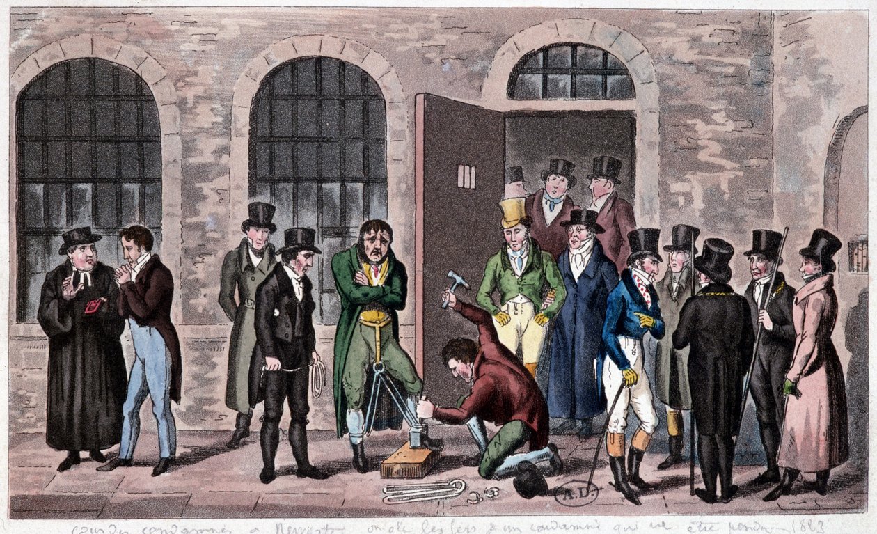 Gran Bretagna Prigione: Una condanna a morte è affissa alla prigione di Newgate a Londra (spesso citata nei romanzi di Charles Dickens). Incisione intorno al 1823. Biblioteca delle Arti Decorative. da Unknown artist