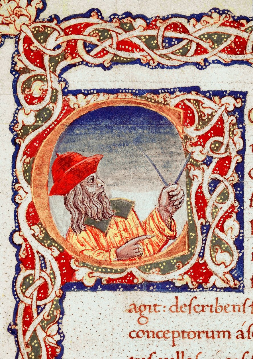 Astronomo greco Claudio Tolomeo (circa 90-168 d.C.) usando un compasso per fare calcoli Miniatura tratta da 